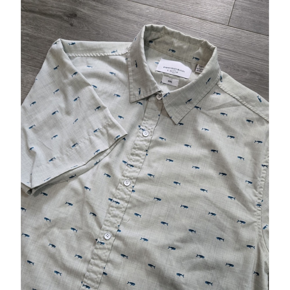 Paper Denim & Cloth Mens Slim Fit Whale Print Short Sleeve Button Up Shirt Large